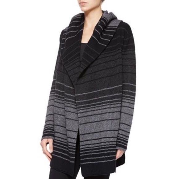 Vince Black And Gray Striped Hooded Cardigan Wool/Yak Blend Cozy Relaxed Size S - Picture 1 of 16